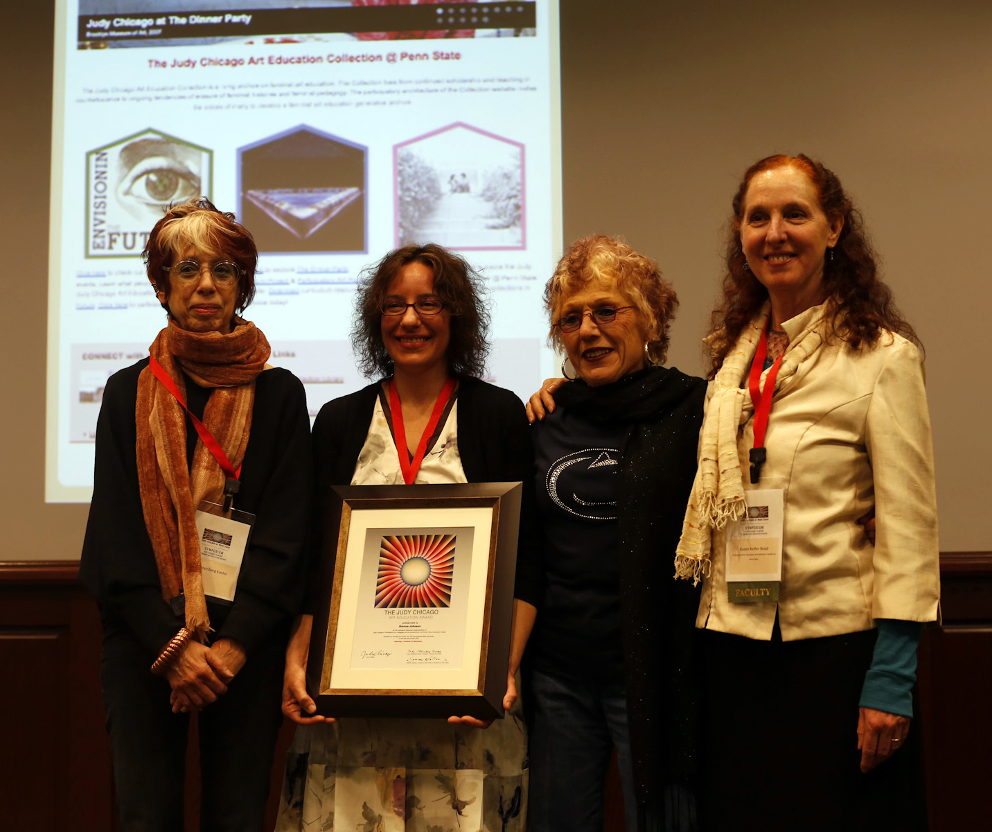 The award ceremony was part of the Judy Chicago Symposium held at Penn State on April 5, 2014. In photo:Judy Kovler, Brenna Johnson, Judy Chicago, Karen Keifer-Boyd